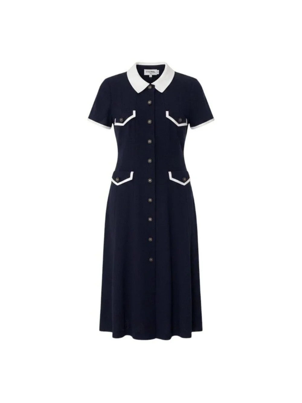Chanel Cg9 Runway CC Logo Button Dress 36 Sizes Navy White Cotton 100%